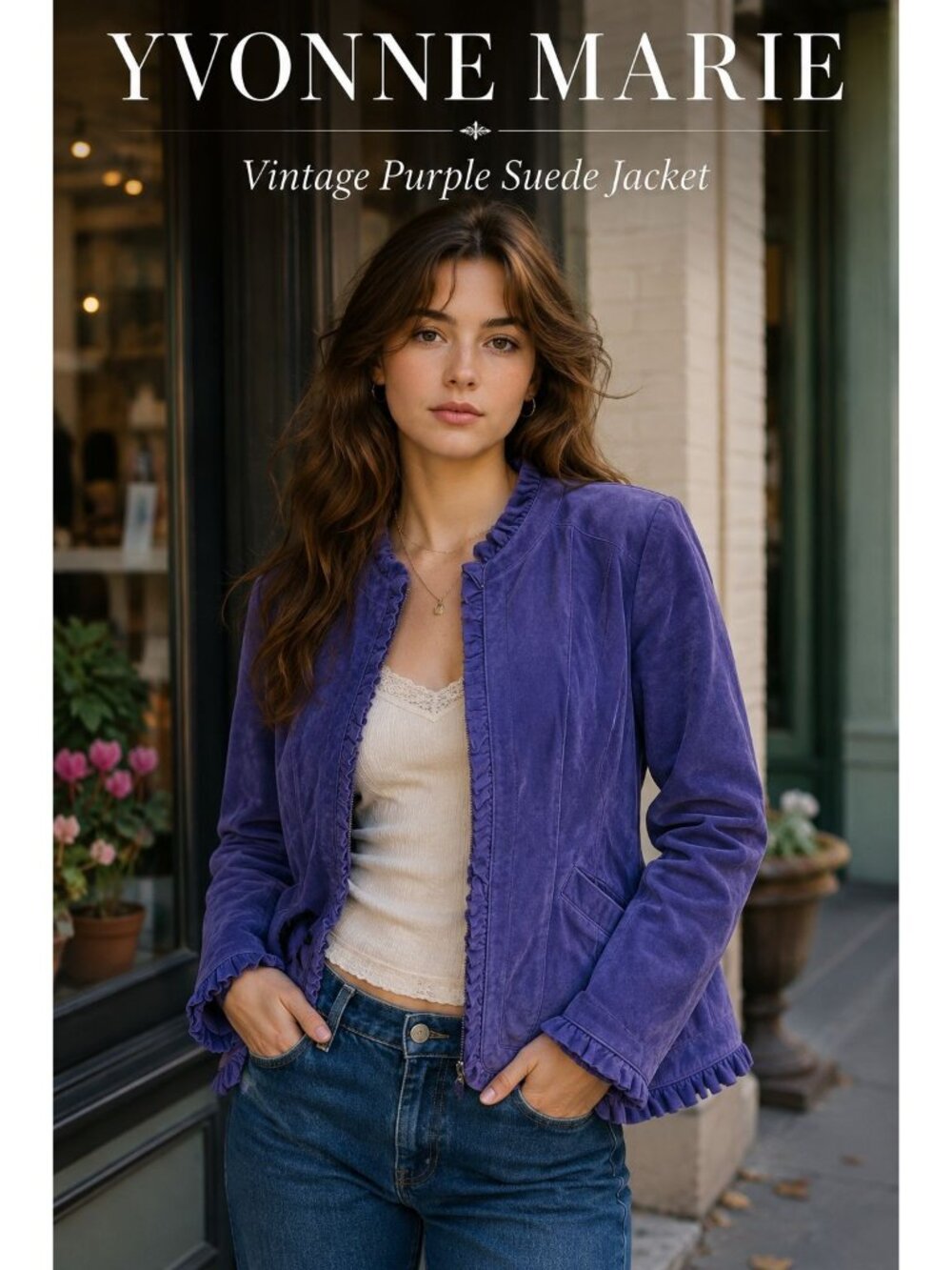 VTG 80s 90s Yvonne Marie Purple Suede Leather Jacket 10 Ruffle Romantic Boho